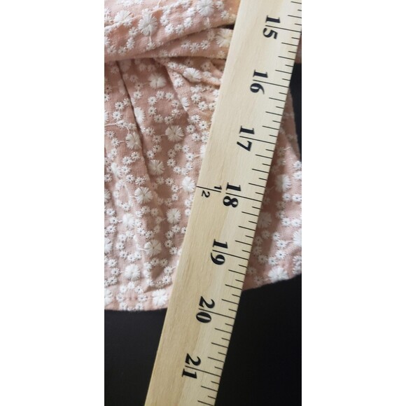 Line and Dot Top Womens XS Pink White Floral Puff Sleeve Peplum Tie Back Blouse - Picture 9 of 9